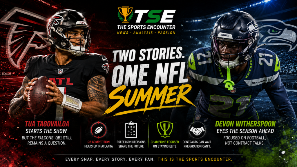 Tua Tagovailoa in Atlanta Falcons colors and Devon Witherspoon in Seattle Seahawks colors feature in a split-screen NFL preseason graphic highlighting Atlanta’s unresolved quarterback competition and Seattle’s contract uncertainty ahead of the 2026 season.