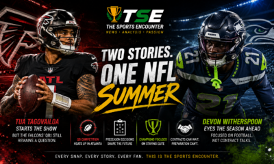 Tua Tagovailoa in Atlanta Falcons colors and Devon Witherspoon in Seattle Seahawks colors feature in a split-screen NFL preseason graphic highlighting Atlanta’s unresolved quarterback competition and Seattle’s contract uncertainty ahead of the 2026 season.