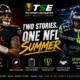 Tua Tagovailoa in Atlanta Falcons colors and Devon Witherspoon in Seattle Seahawks colors feature in a split-screen NFL preseason graphic highlighting Atlanta’s unresolved quarterback competition and Seattle’s contract uncertainty ahead of the 2026 season.