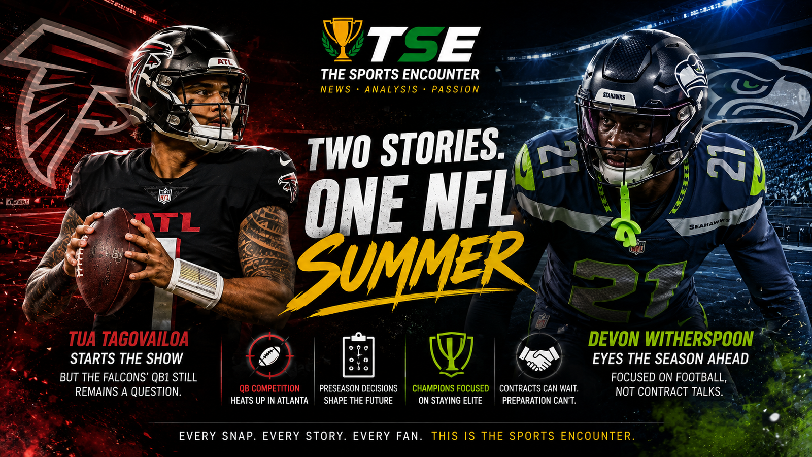 Tua Tagovailoa in Atlanta Falcons colors and Devon Witherspoon in Seattle Seahawks colors feature in a split-screen NFL preseason graphic highlighting Atlanta’s unresolved quarterback competition and Seattle’s contract uncertainty ahead of the 2026 season.