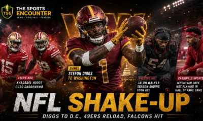 Stefon Diggs catches a pass in Washington colors as the graphic highlights the 49ers’ new signings, Jalon Walker’s season-ending ACL injury and Jeremiyah Love’s Hall of Fame Game absence.