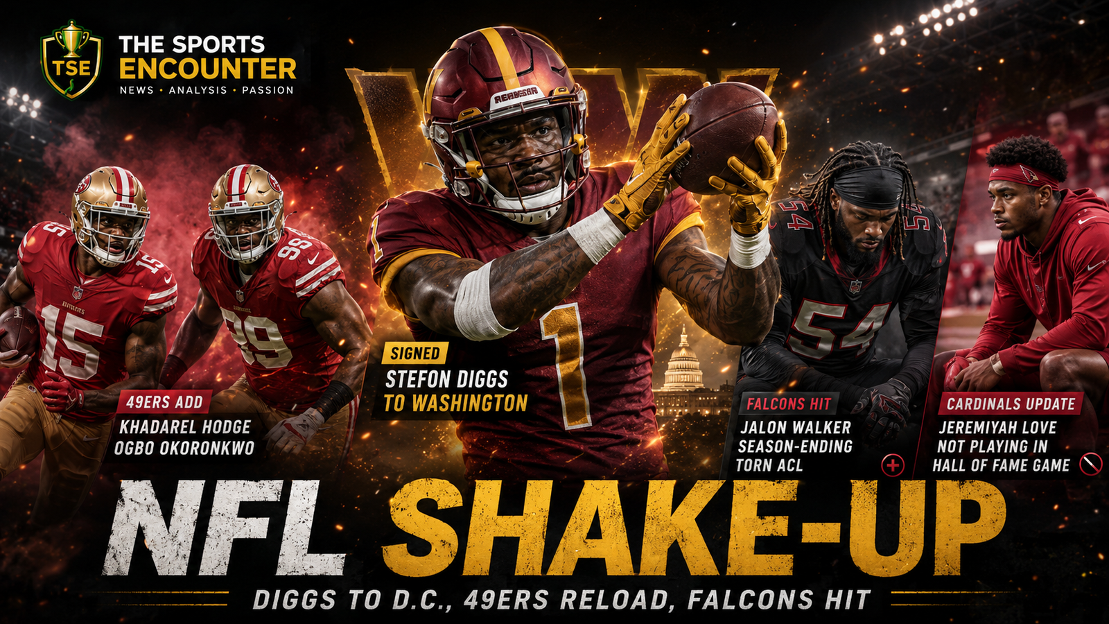 Stefon Diggs catches a pass in Washington colors as the graphic highlights the 49ers’ new signings, Jalon Walker’s season-ending ACL injury and Jeremiyah Love’s Hall of Fame Game absence.