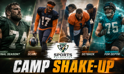 Cinematic NFL training camp collage highlighting Lane Johnson’s possible final season, Luther Burden III’s injury scare, Matt Henningsen’s Achilles setback, and Geron Christian joining the Jaguars for added offensive-line depth.