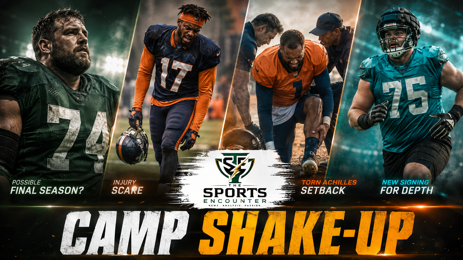Cinematic NFL training camp collage highlighting Lane Johnson’s possible final season, Luther Burden III’s injury scare, Matt Henningsen’s Achilles setback, and Geron Christian joining the Jaguars for added offensive-line depth.