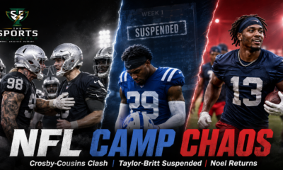 Cinematic NFL training camp graphic showing a heated Raiders-style confrontation, a Colts-style player suspended for Week 1, and a Texans-style receiver returning to practice.