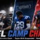 Cinematic NFL training camp graphic showing a heated Raiders-style confrontation, a Colts-style player suspended for Week 1, and a Texans-style receiver returning to practice.