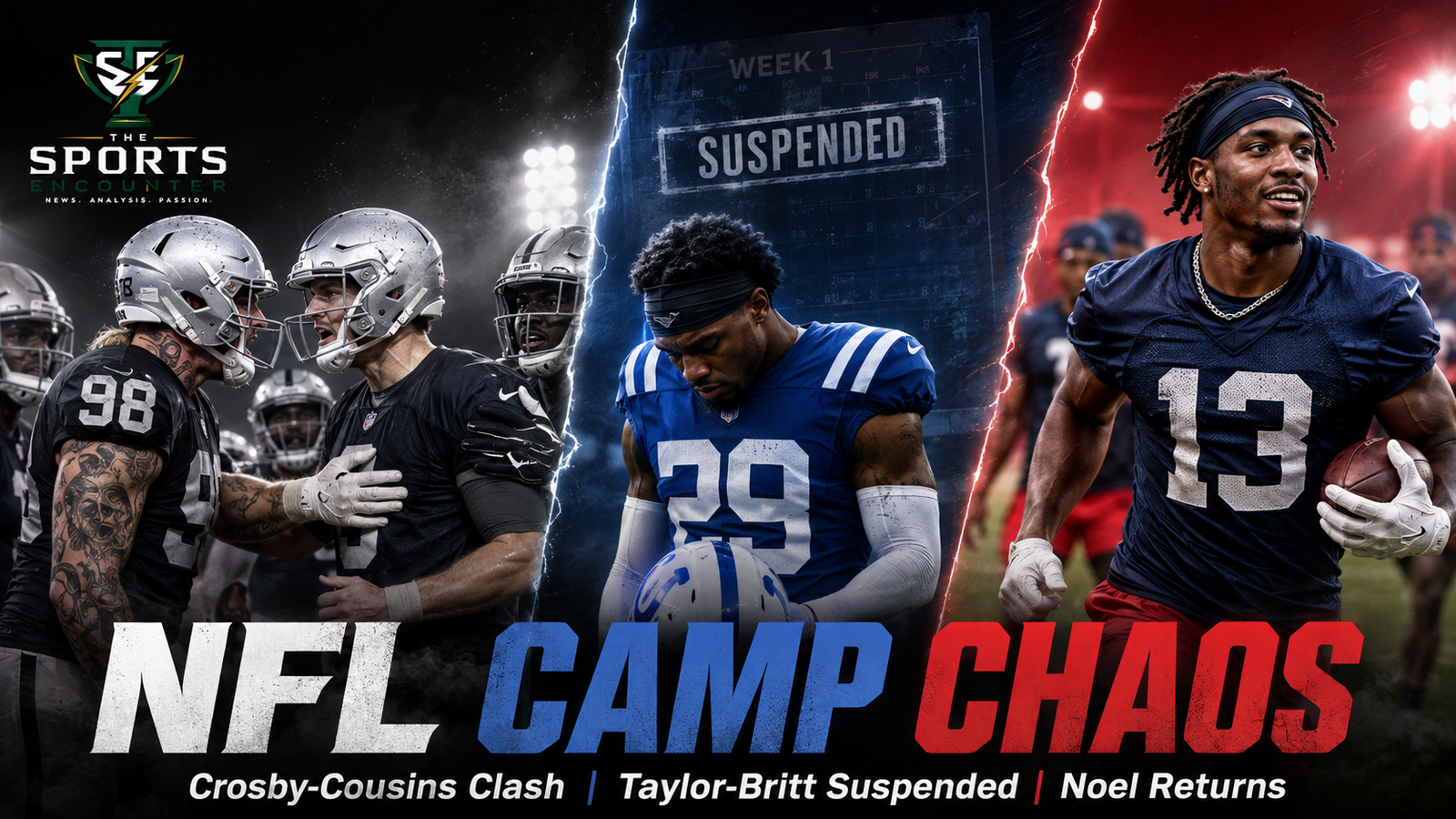 Cinematic NFL training camp graphic showing a heated Raiders-style confrontation, a Colts-style player suspended for Week 1, and a Texans-style receiver returning to practice.