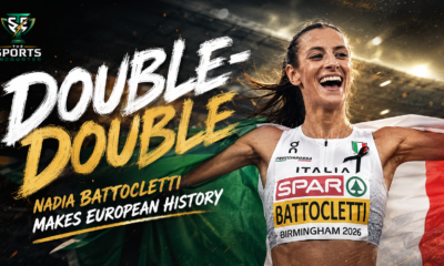 Nadia Battocletti celebrates after winning the women’s 10,000m at the 2026 European Athletics Championships, completing a historic 5,000m and 10,000m double-double.
