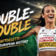 Nadia Battocletti celebrates after winning the women’s 10,000m at the 2026 European Athletics Championships, completing a historic 5,000m and 10,000m double-double.