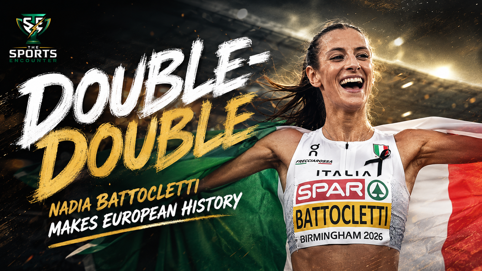 Nadia Battocletti celebrates after winning the women’s 10,000m at the 2026 European Athletics Championships, completing a historic 5,000m and 10,000m double-double.