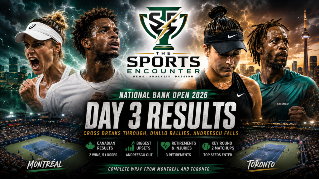 Kayla Cross celebrates her National Bank Open breakthrough beside Gabriel Diallo, while Bianca Andreescu and Gael Monfils feature in a cinematic Day 3 results graphic covering Montreal and Toronto.