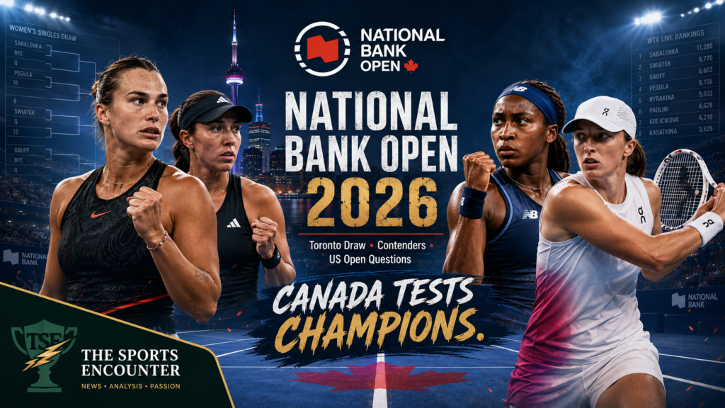 Top women’s contenders line up against a Toronto skyline in a cinematic National Bank Open 2026 graphic featuring the punchline “Canada Tests Champions.”