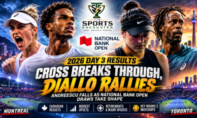 Kayla Cross celebrates her National Bank Open breakthrough beside Gabriel Diallo, while Bianca Andreescu and Gael Monfils feature in a cinematic Day 3 results graphic covering Montreal and Toronto.