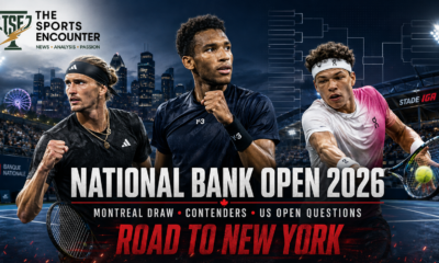 Leading men’s contenders compete under Montreal stadium lights in a cinematic National Bank Open 2026 graphic featuring the punchline “Road to New York.”