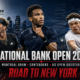 Leading men’s contenders compete under Montreal stadium lights in a cinematic National Bank Open 2026 graphic featuring the punchline “Road to New York.”