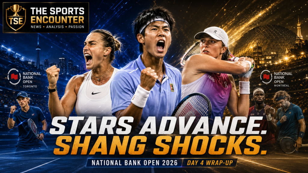 Aryna Sabalenka celebrates, Juncheng Shang roars after his upset, and Iga Swiatek strikes a backhand in a cinematic National Bank Open 2026 Day 4 graphic featuring The Sports Encounter branding and the headline “Stars Advance. Shang Shocks.”