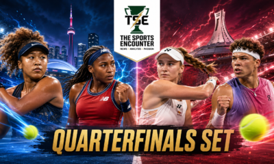 Naomi Osaka, Coco Gauff, Elena Rybakina and Ben Shelton feature in a cinematic National Bank Open 2026 graphic celebrating the completed Toronto and Montreal quarterfinal lineups.