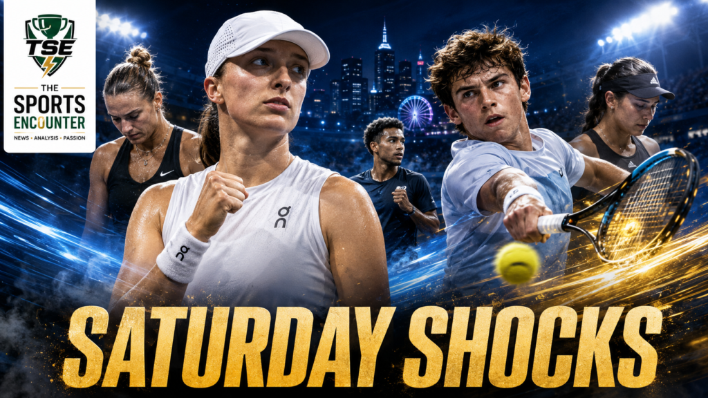 Iga Swiatek celebrates as Rafael Jodar drives a forehand in a cinematic National Bank Open 2026 scene, with Aryna Sabalenka and Jessica Pegula shown after their surprise exits on a dramatic Saturday in Toronto and Montreal.
