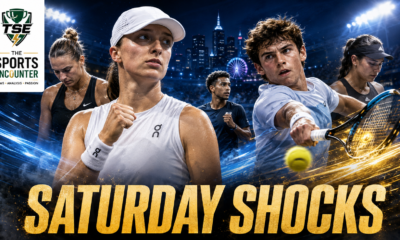 Iga Swiatek celebrates as Rafael Jodar drives a forehand in a cinematic National Bank Open 2026 scene, with Aryna Sabalenka and Jessica Pegula shown after their surprise exits on a dramatic Saturday in Toronto and Montreal.