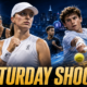 Iga Swiatek celebrates as Rafael Jodar drives a forehand in a cinematic National Bank Open 2026 scene, with Aryna Sabalenka and Jessica Pegula shown after their surprise exits on a dramatic Saturday in Toronto and Montreal.