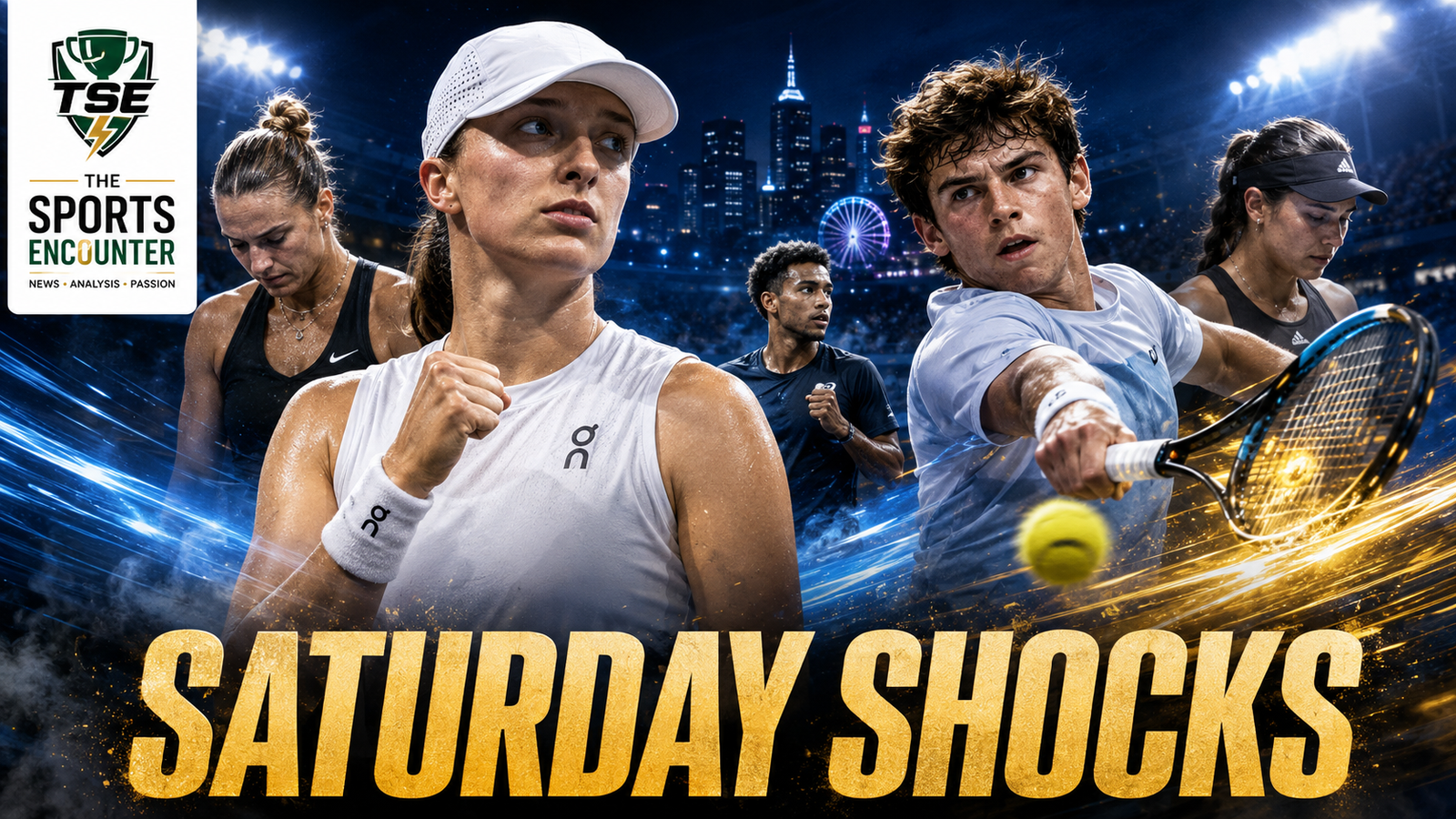 Iga Swiatek celebrates as Rafael Jodar drives a forehand in a cinematic National Bank Open 2026 scene, with Aryna Sabalenka and Jessica Pegula shown after their surprise exits on a dramatic Saturday in Toronto and Montreal.