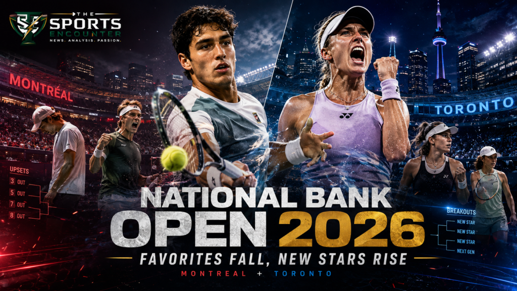 National Bank Open 2026 featured image showing rising tennis stars and leading contenders amid dramatic Montreal and Toronto stadium scenes, highlighting major upsets and breakout performances.
