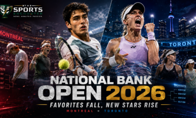 National Bank Open 2026 featured image showing rising tennis stars and leading contenders amid dramatic Montreal and Toronto stadium scenes, highlighting major upsets and breakout performances.