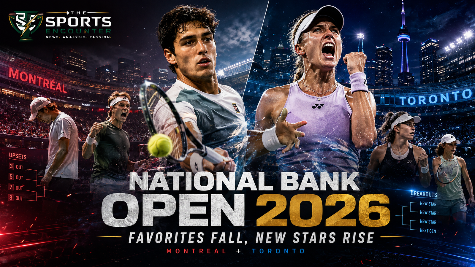 National Bank Open 2026 featured image showing rising tennis stars and leading contenders amid dramatic Montreal and Toronto stadium scenes, highlighting major upsets and breakout performances.