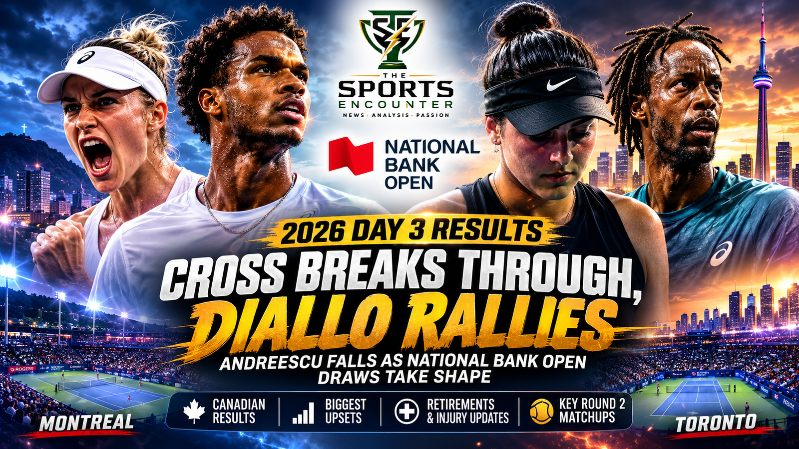 Kayla Cross celebrates her National Bank Open breakthrough beside Gabriel Diallo, while Bianca Andreescu and Gael Monfils feature in a cinematic Day 3 results graphic covering Montreal and Toronto.