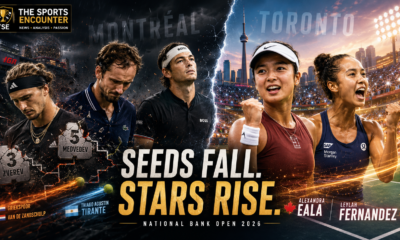 Alexander Zverev, Daniil Medvedev and Taylor Fritz appear dejected against a stormy Montreal backdrop, while Alexandra Eala and Leylah Fernandez celebrate under bright Toronto lights beside the headline “Seeds Fall. Stars Rise.”