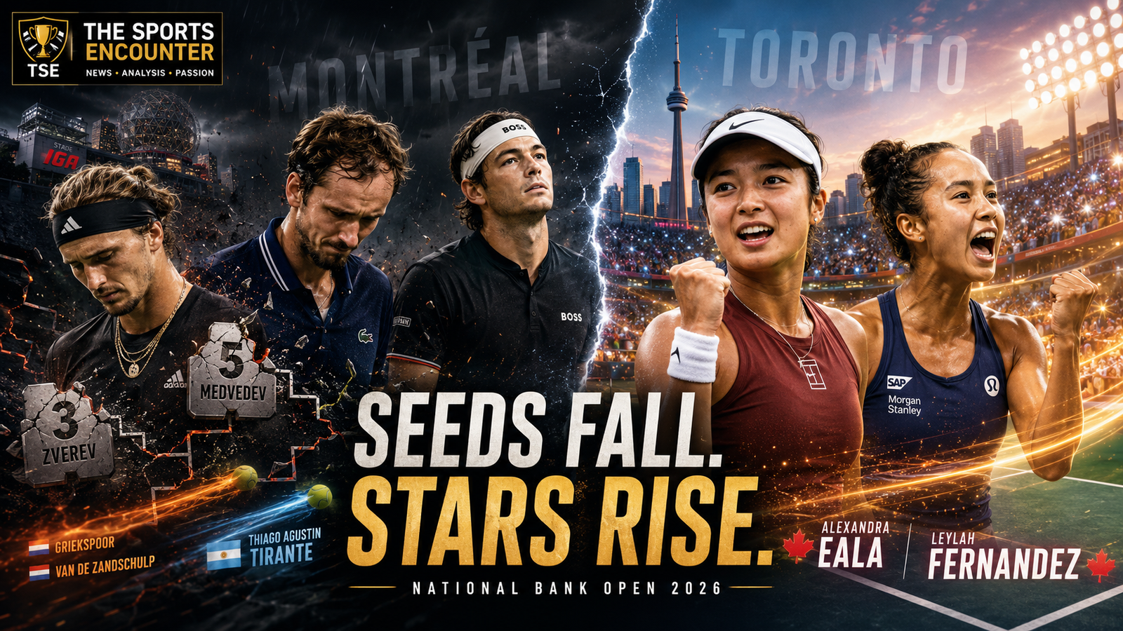 Alexander Zverev, Daniil Medvedev and Taylor Fritz appear dejected against a stormy Montreal backdrop, while Alexandra Eala and Leylah Fernandez celebrate under bright Toronto lights beside the headline “Seeds Fall. Stars Rise.”