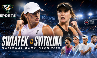 Iga Swiatek and Elina Svitolina feature prominently in a cinematic National Bank Open 2026 graphic, with leading Montreal men’s contenders shown below as Toronto reaches the semifinals and the men’s draw moves into the quarterfinals.