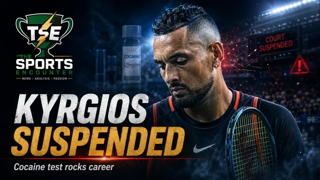 Nick Kyrgios pictured in a dramatic tennis graphic after his provisional suspension for testing positive for cocaine, with visual references to the ITIA anti-doping case and his troubled career crossroads.