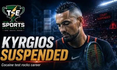 Nick Kyrgios pictured in a dramatic tennis graphic after his provisional suspension for testing positive for cocaine, with visual references to the ITIA anti-doping case and his troubled career crossroads.