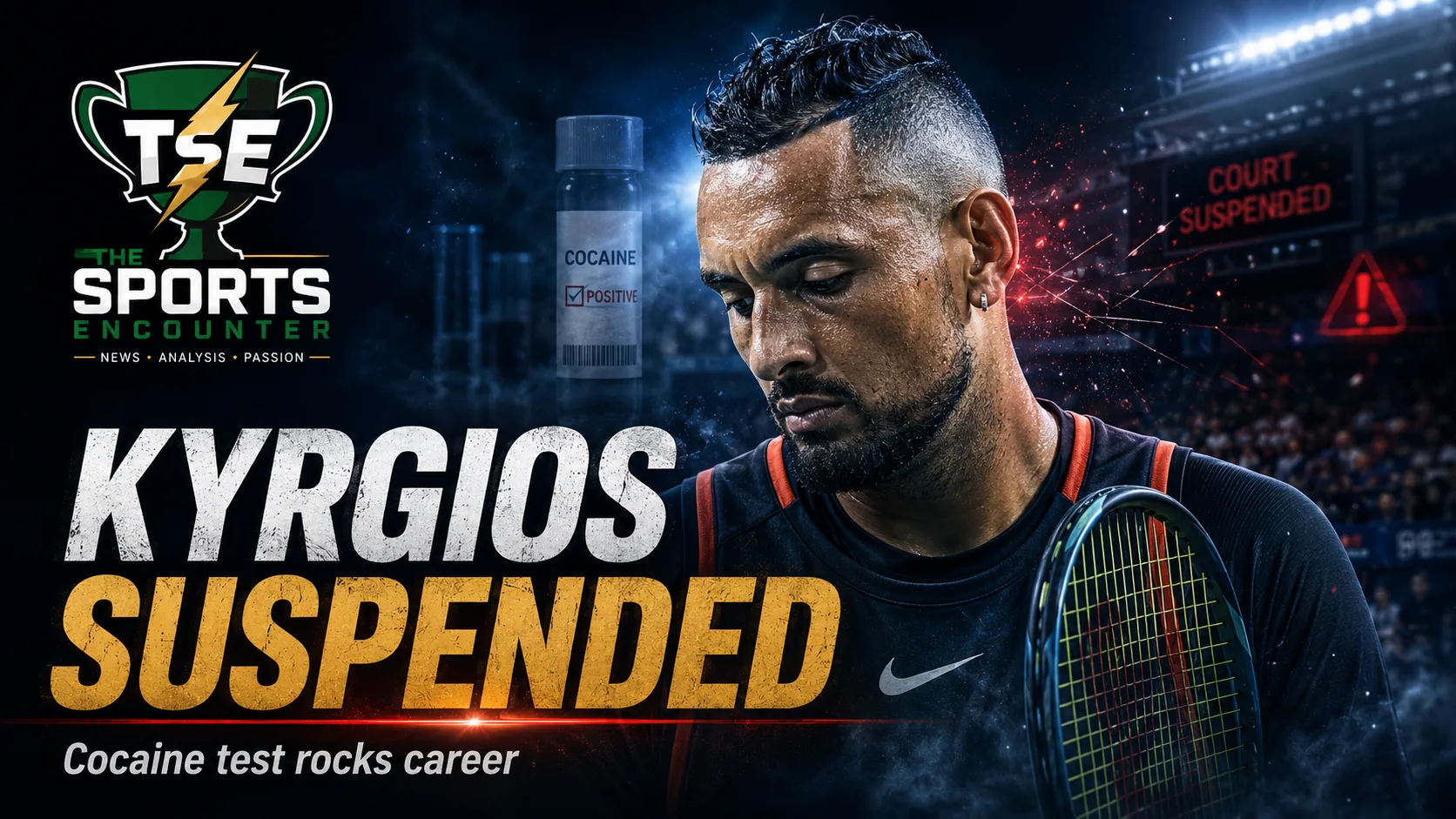 Nick Kyrgios pictured in a dramatic tennis graphic after his provisional suspension for testing positive for cocaine, with visual references to the ITIA anti-doping case and his troubled career crossroads.