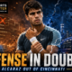 Carlos Alcaraz holds his taped wrist between a fiery Cincinnati Open court and a blue US Open stadium backdrop, with The Sports Encounter logo and the headline “Defense in Doubt.”
