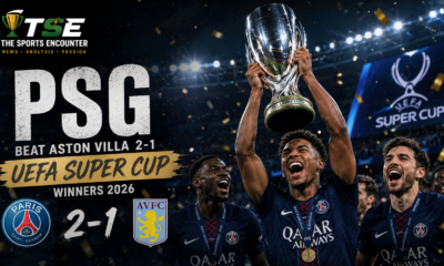 PSG players celebrate their 2-1 victory over Aston Villa in the 2026 UEFA Super Cup, lifting the trophy under stadium lights after goals from Khvicha Kvaratskhelia and Désiré Doué.