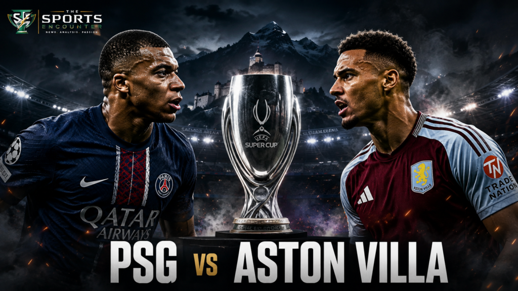 Paris Saint-Germain and Aston Villa players face each other across the UEFA Super Cup trophy in a dramatic floodlit Salzburg stadium, promoting their 2026 Super Cup showdown.