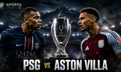 Paris Saint-Germain and Aston Villa players face each other across the UEFA Super Cup trophy in a dramatic floodlit Salzburg stadium, promoting their 2026 Super Cup showdown.