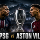 Paris Saint-Germain and Aston Villa players face each other across the UEFA Super Cup trophy in a dramatic floodlit Salzburg stadium, promoting their 2026 Super Cup showdown.