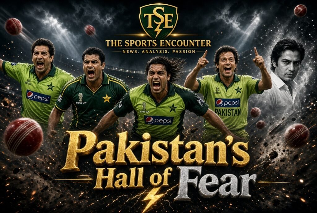 Five legendary Pakistan fast bowlers are depicted in a dramatic stadium montage with flying cricket balls, explosive effects, and the headline “Pakistan’s Hall of Fear,” celebrating the country’s fearsome pace-bowling legacy.