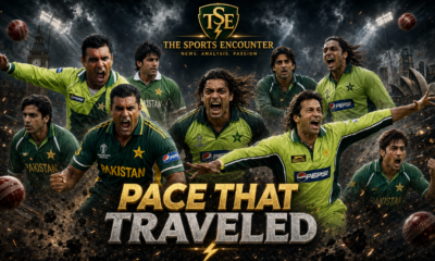 A cinematic montage of Pakistan fast-bowling legends including Imran Khan, Wasim Akram, Waqar Younis, Shoaib Akhtar, Mohammad Asif, Mohammad Zahid, Mohammad Amir, Sarfaraz Nawaz and Amir Nazir, set against overseas stadium landmarks with the headline “Pace That Traveled.”