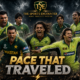 A cinematic montage of Pakistan fast-bowling legends including Imran Khan, Wasim Akram, Waqar Younis, Shoaib Akhtar, Mohammad Asif, Mohammad Zahid, Mohammad Amir, Sarfaraz Nawaz and Amir Nazir, set against overseas stadium landmarks with the headline “Pace That Traveled.”
