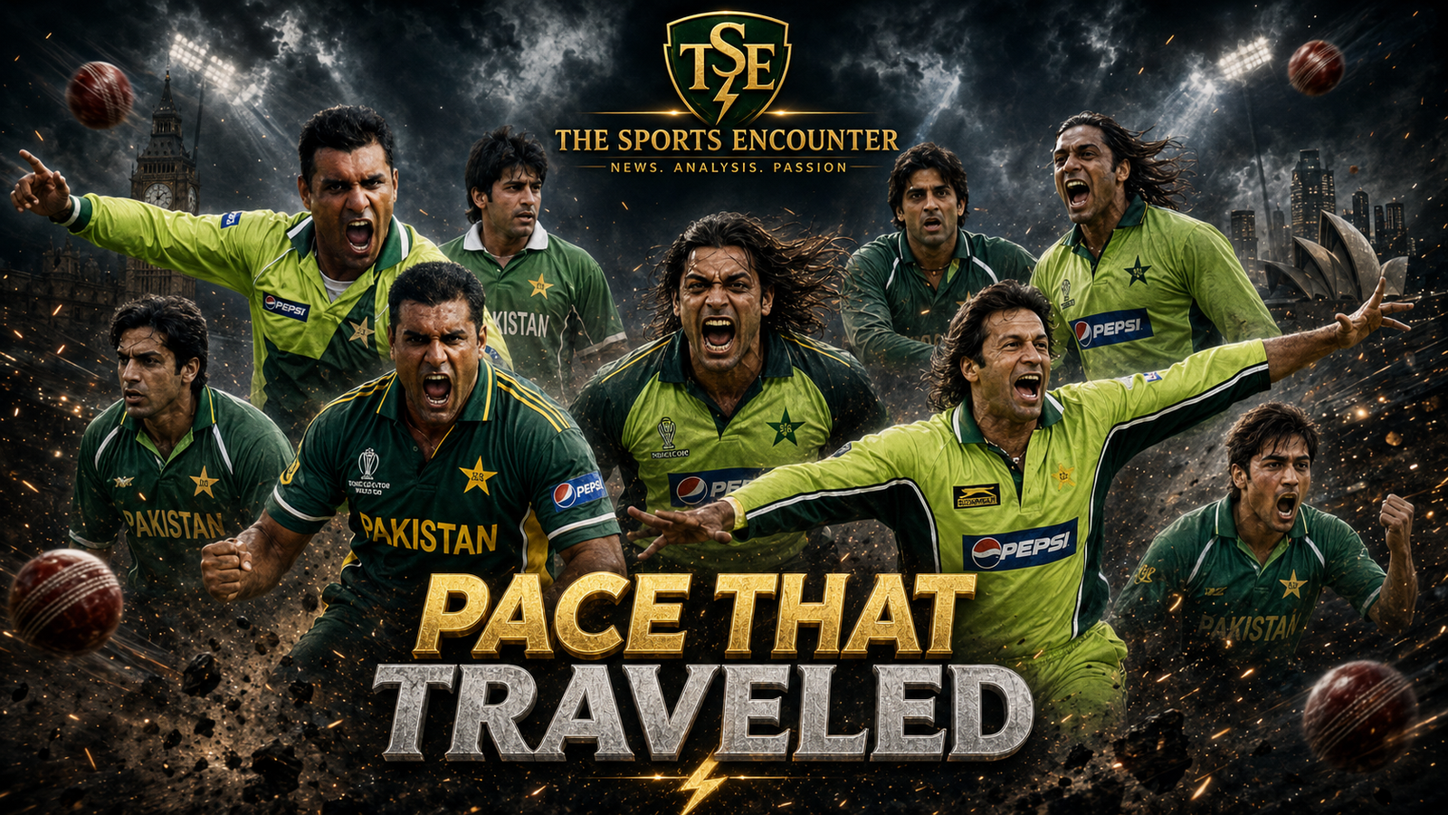 A cinematic montage of Pakistan fast-bowling legends including Imran Khan, Wasim Akram, Waqar Younis, Shoaib Akhtar, Mohammad Asif, Mohammad Zahid, Mohammad Amir, Sarfaraz Nawaz and Amir Nazir, set against overseas stadium landmarks with the headline “Pace That Traveled.”