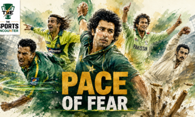 Watercolor illustration of Wasim Akram, Waqar Younis, Shoaib Akhtar, Imran Khan and Fazal Mahmood in dynamic fast-bowling poses, with shattered stumps and the headline “Pace of Fear.”