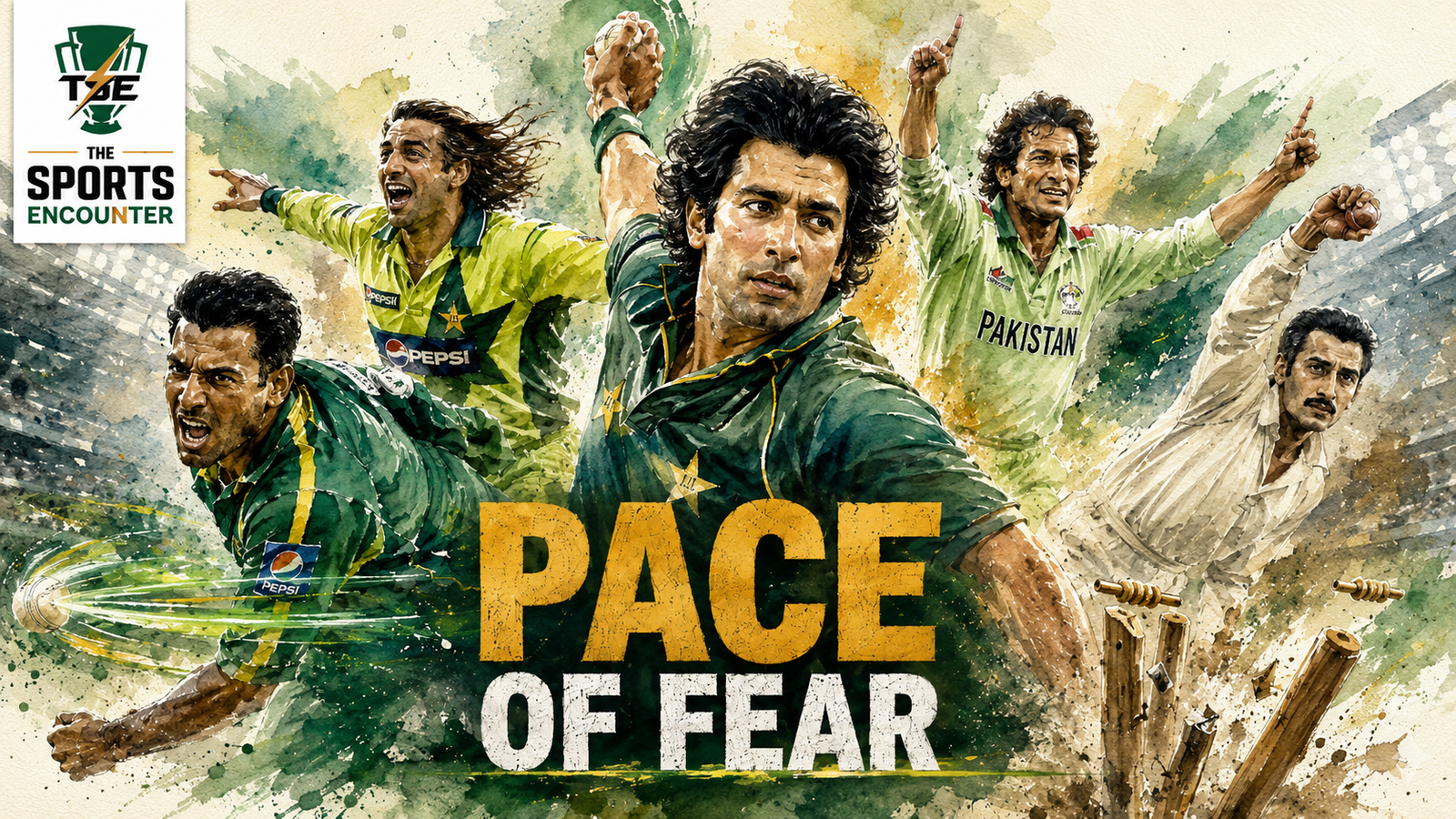 Watercolor illustration of Wasim Akram, Waqar Younis, Shoaib Akhtar, Imran Khan and Fazal Mahmood in dynamic fast-bowling poses, with shattered stumps and the headline “Pace of Fear.”