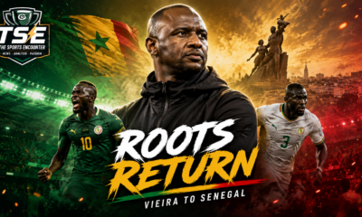 Patrick Vieira pictured against a dramatic Senegal football backdrop after being appointed head coach of the Lions of Teranga ahead of AFCON 2027.
