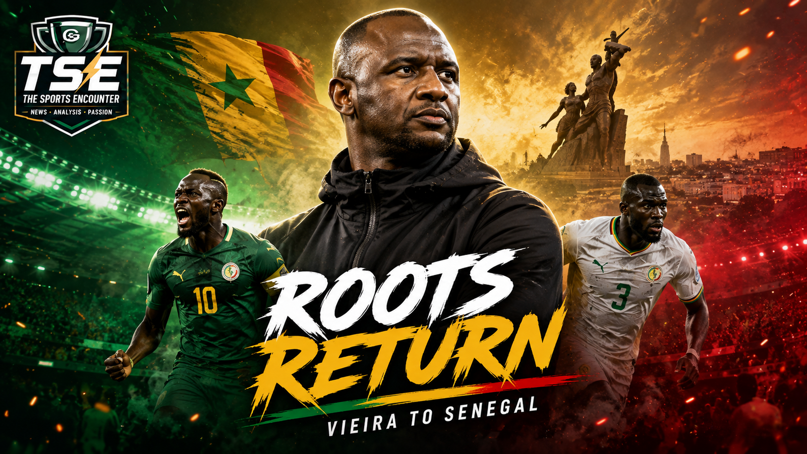 Patrick Vieira pictured against a dramatic Senegal football backdrop after being appointed head coach of the Lions of Teranga ahead of AFCON 2027.