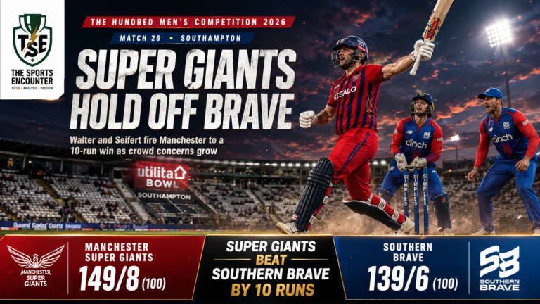Manchester Super Giants celebrate their 10-run victory over Southern Brave in Match 26 of The Hundred 2026 at Southampton, with Manchester scoring 149/8 and Southern Brave finishing on 139/6.