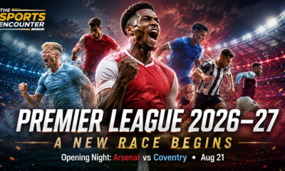 Cinematic Premier League 2026–27 season preview graphic featuring stylized players in red, sky blue, blue, black-and-white, and claret kits inside a floodlit stadium, with Arsenal represented in the foreground, the headline “Premier League 2026–27,” the message “A New Race Begins,” the opening-night fixture Arsenal vs Coventry on August 21, and The Sports Encounter logo.